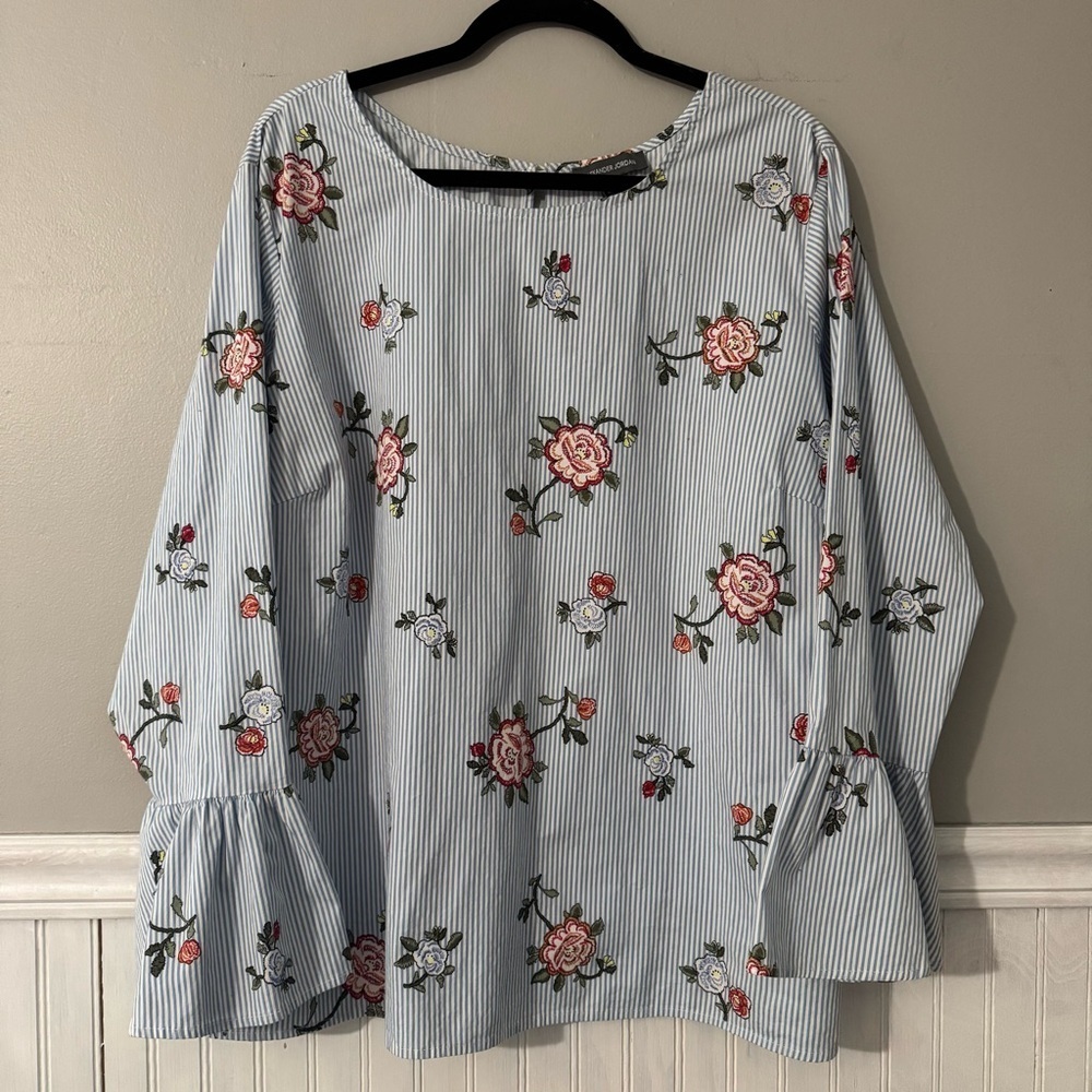 Alexander Jordan Women’s Blouse Long Ruffle Bell Sleeve Pinstripe Floral Size 1X